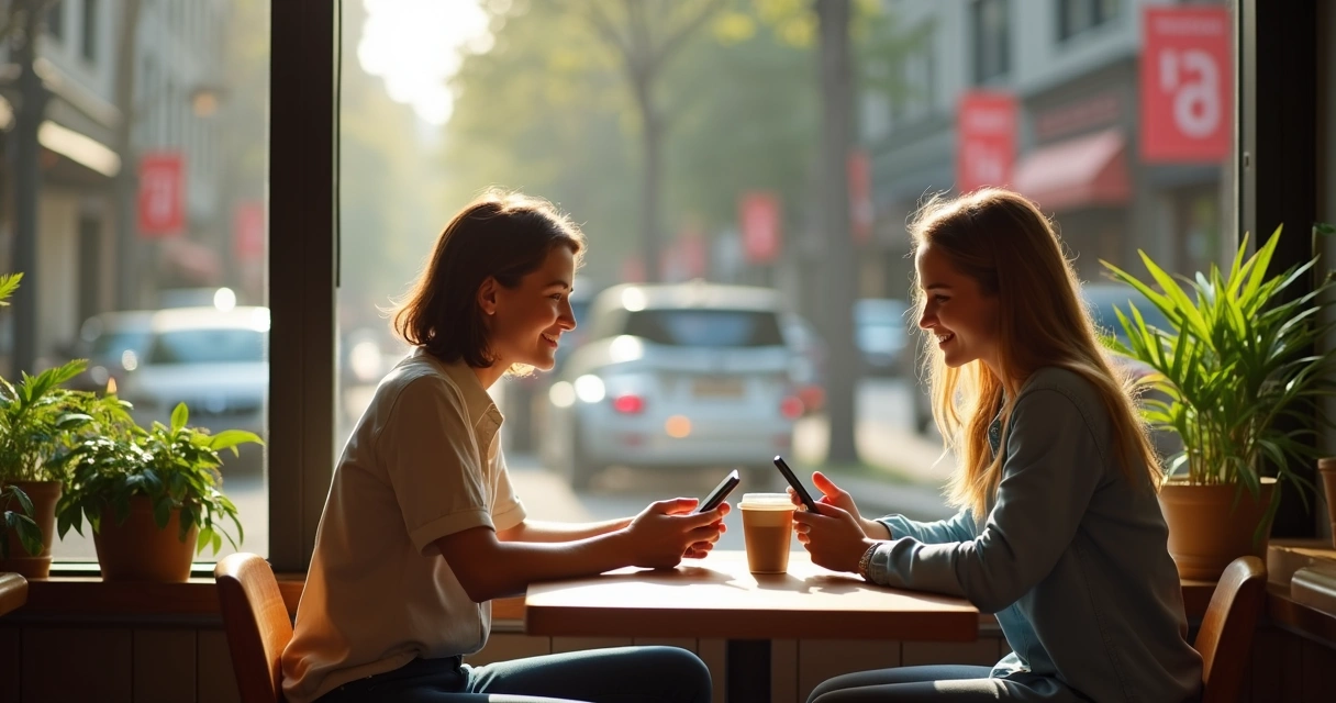 Two people sitting at a cafe table, one glancing enviously at the other's phone. 