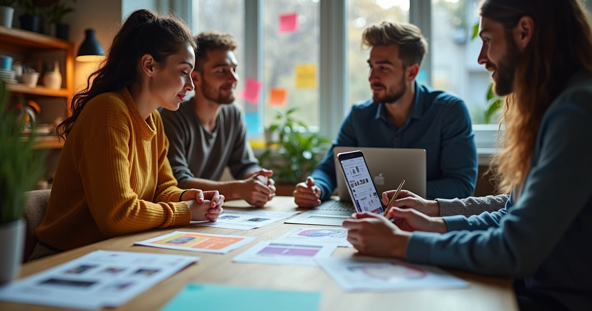 Equipe de marketing criando conteúdo e planejando tráfego pago
