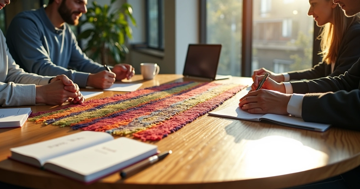 Hands from a team weaving colorful threads into a shared workplace tapestry 