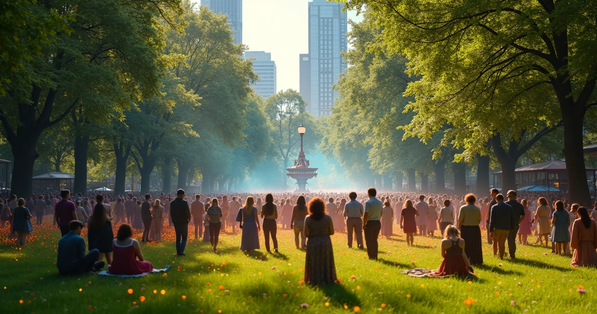 People gathered in a park with colored energy fields connecting them