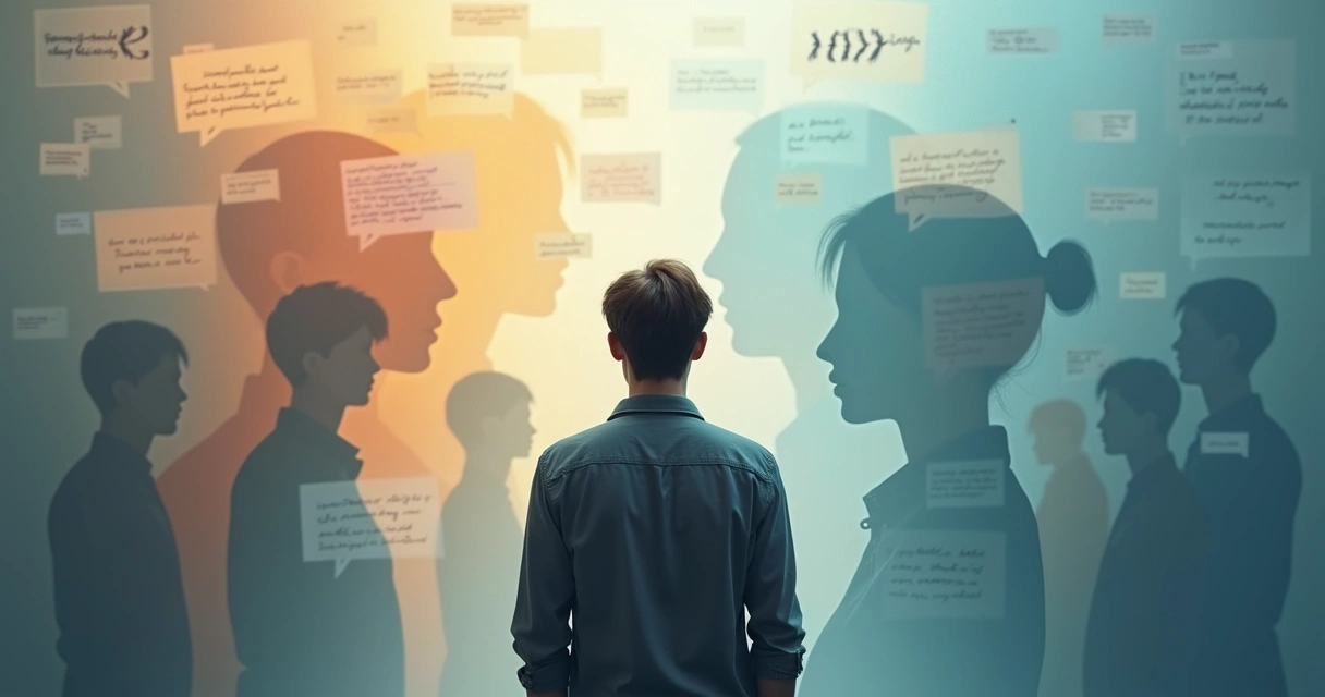 Person reflected in multiple overlapping social silhouettes and speech bubbles 