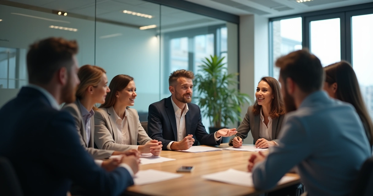 People in an office having a meeting, some engaging while others observe quietly. 