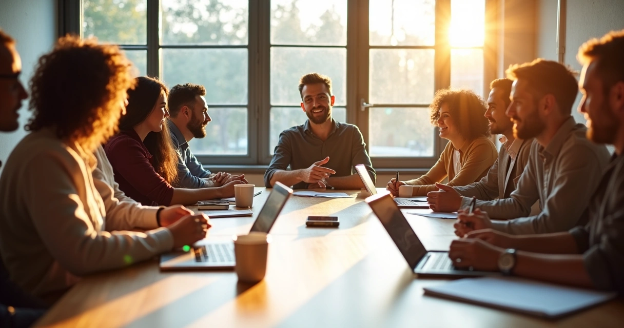 Group of people discussing social issues around a table