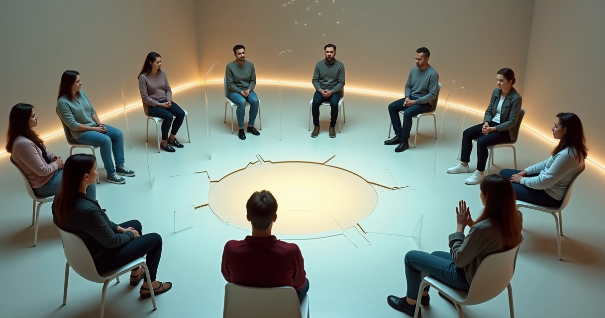 Overhead view of a circle of people separated by invisible glass walls 