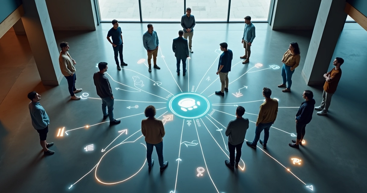 People seen from above connected by glowing lines forming a network diagram on the floor 
