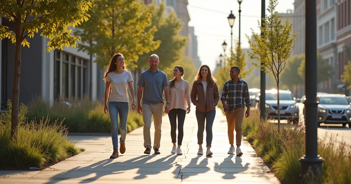 Pessoas caminhando em calçada limpa, plantando árvores 