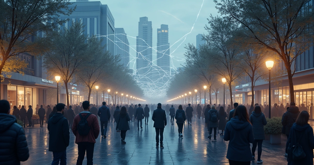 Crowd of people connected by invisible threads with emotional tension in a city square 