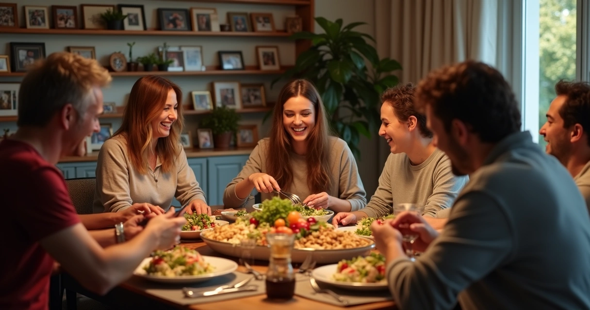 Group of people at a table sharing food and laughing 