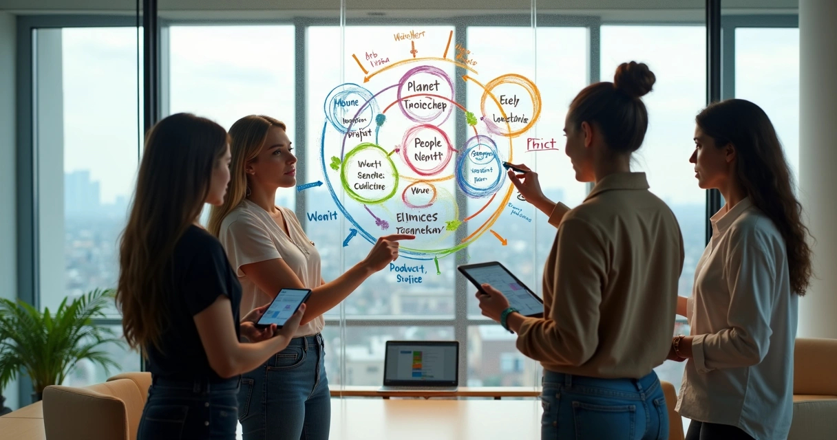 Diverse team in modern office mapping social impact frameworks on glass wall 