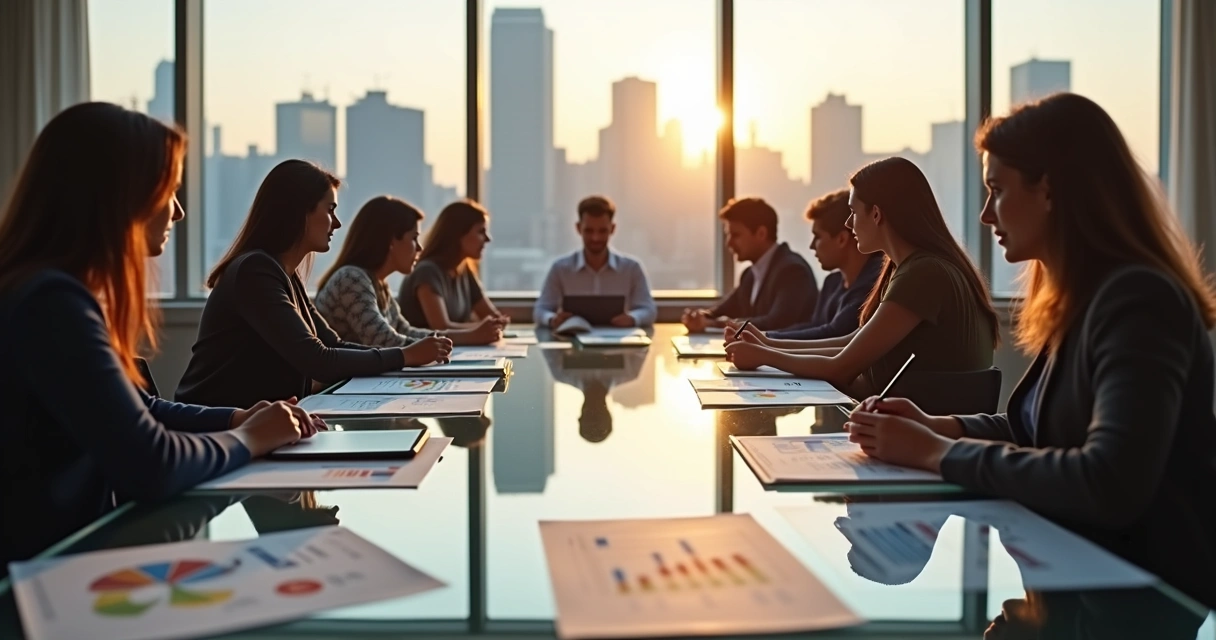 Colleagues discussing social impact metrics at a large conference table 