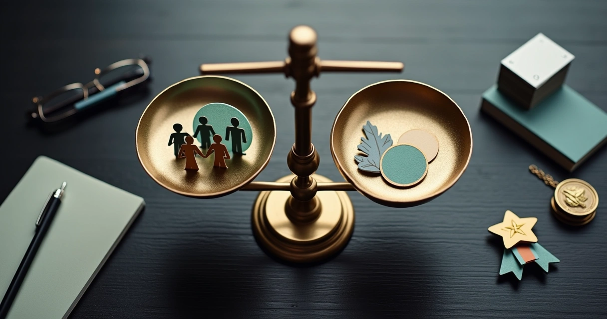 Business person weighing social impact and reputation on a balanced scale 