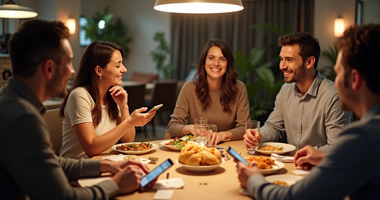 People at a dinner table making choices about food and spending