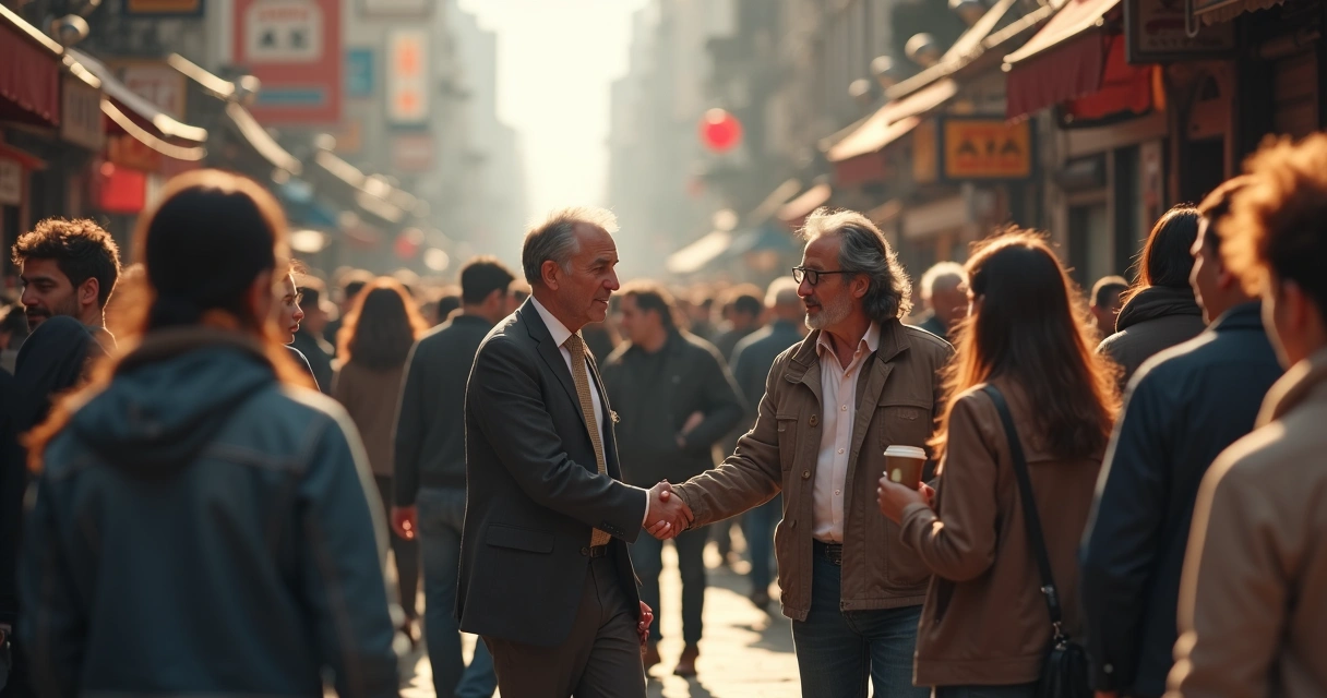 Busy street scene of people interacting in various ways