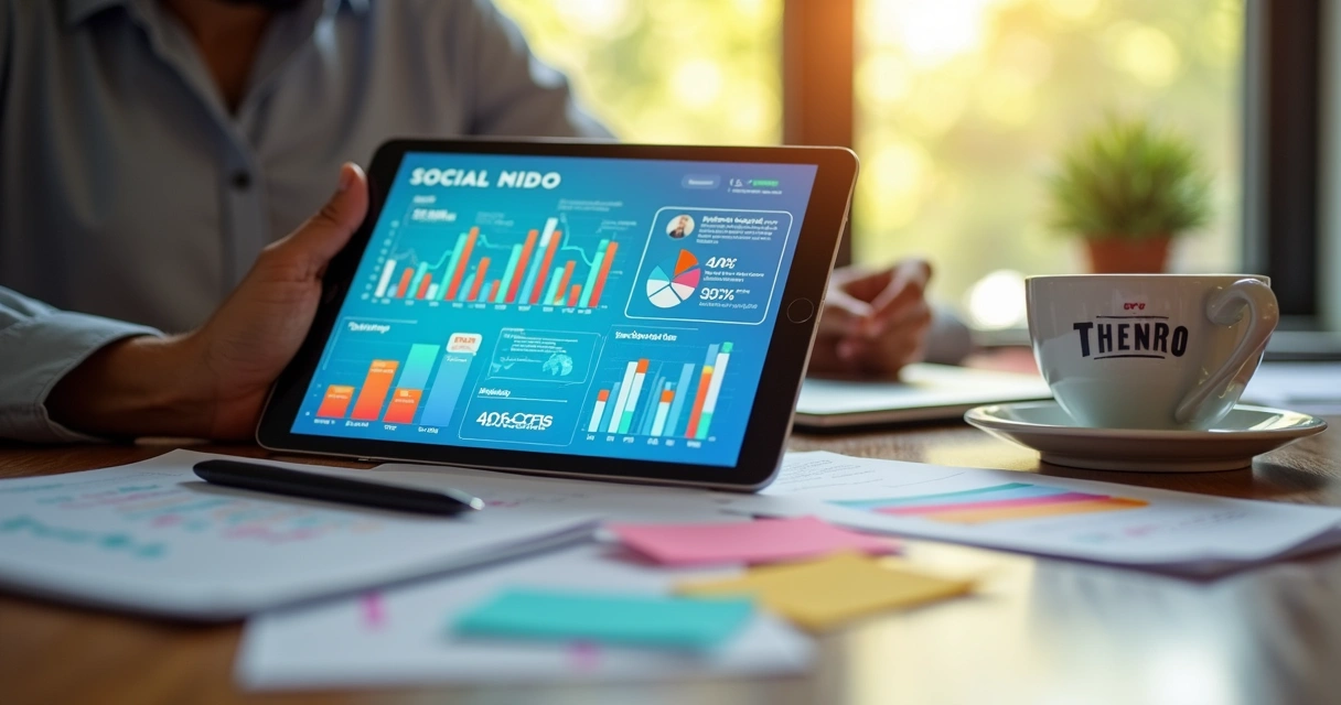 Análise de dados de campanha de mídia social com gráficos em tablet 