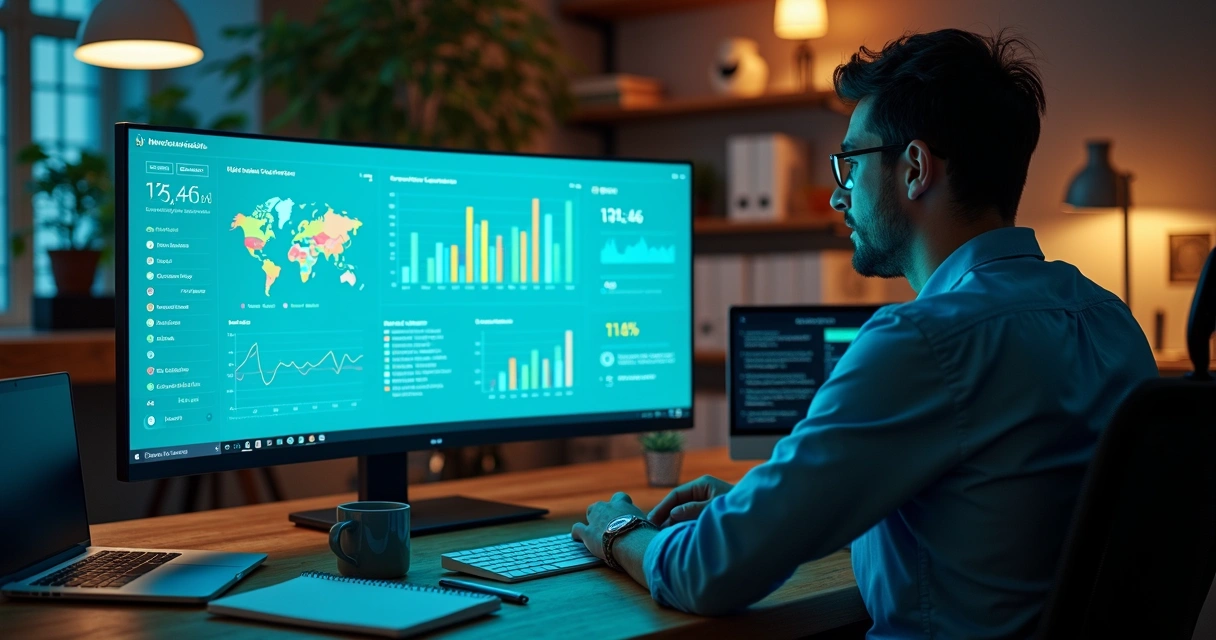 Empresário analisando painel de social listening com gráficos e ícones de redes sociais 