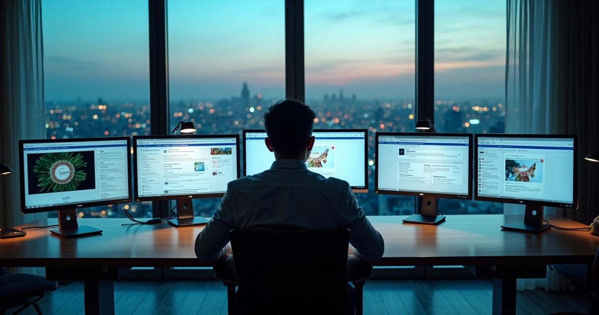 Profissional analisa múltiplas telas mostrando gráficos, menções de hóspedes e avaliações online 