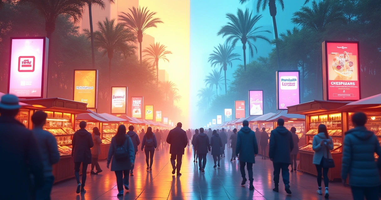Colorful social media ads in a busy digital marketplace