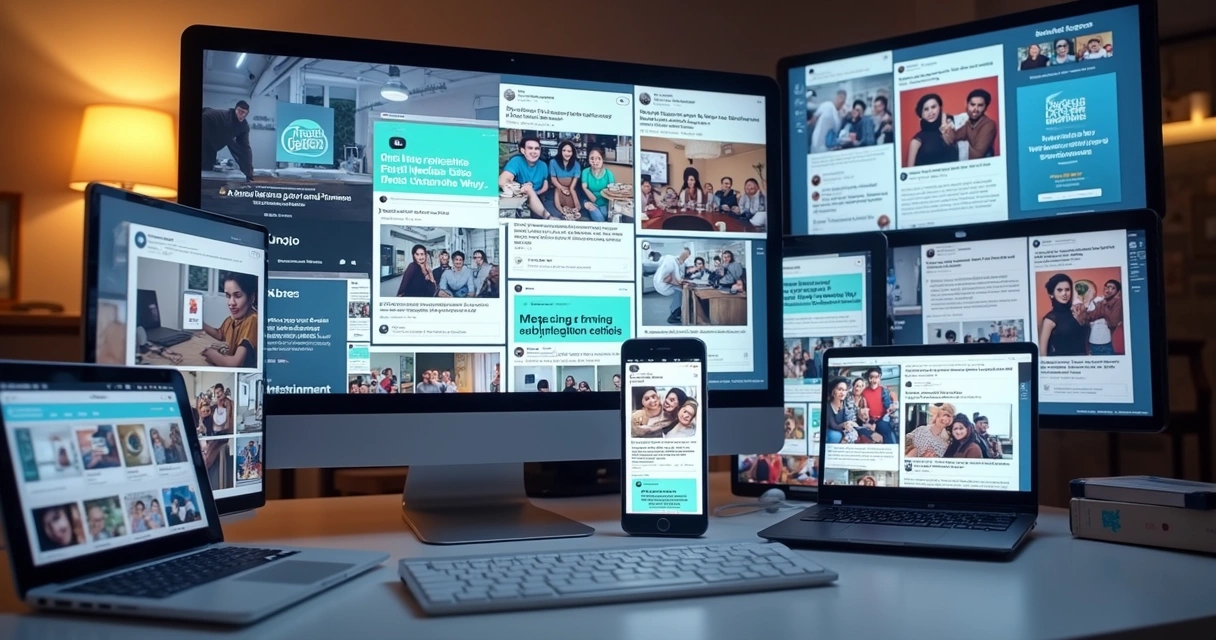 Photo collage of social media posts for business awareness