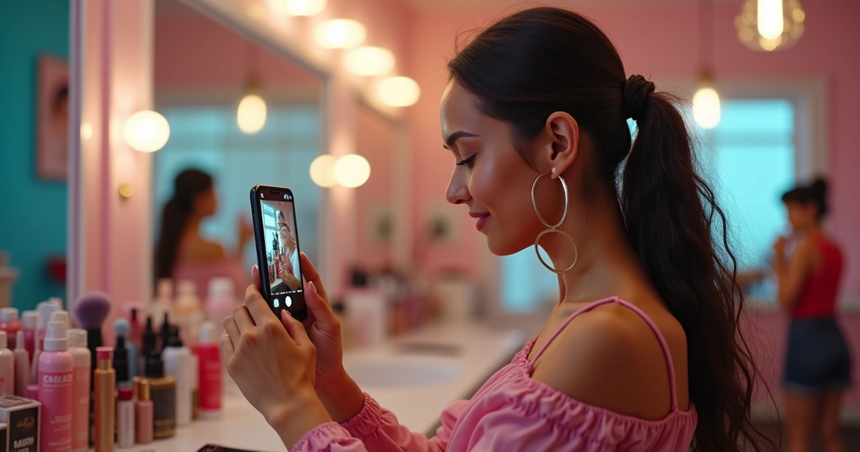 Influenciadora de beleza gravando vídeo curto para redes sociais 