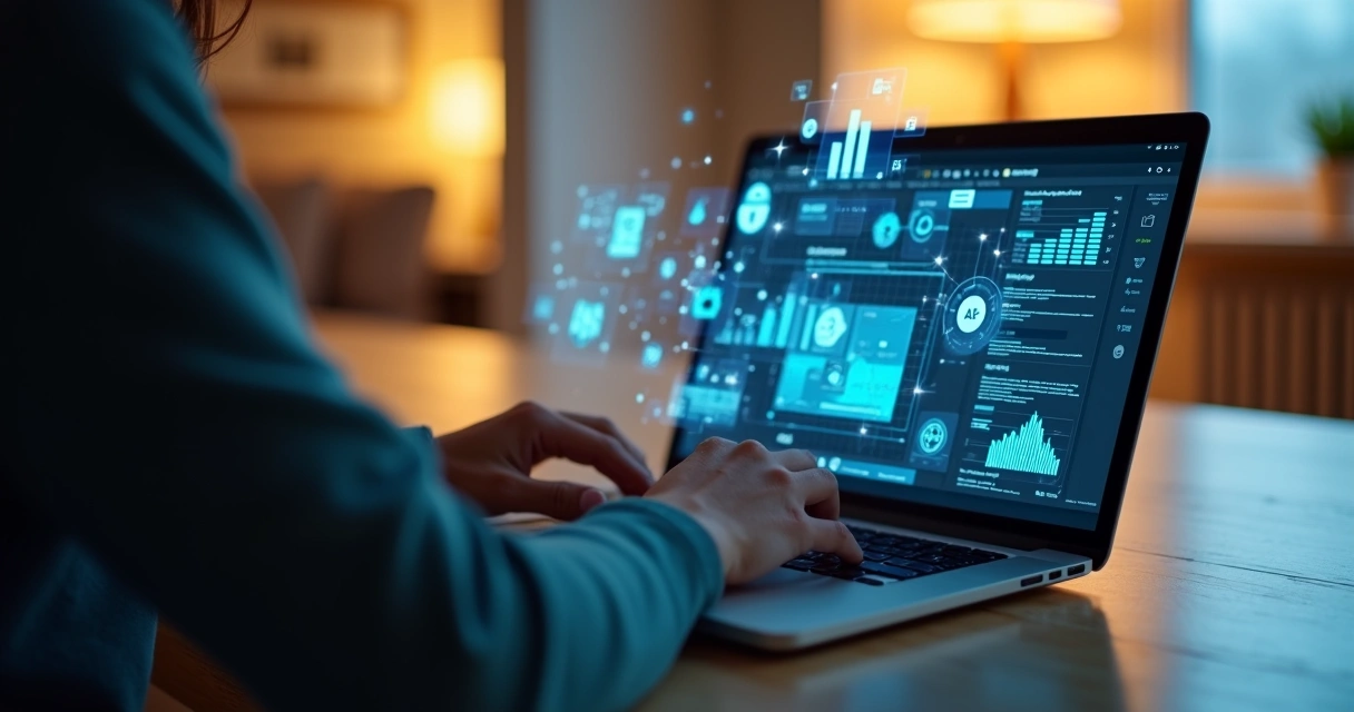 Pessoa usando computador com interface digital de redes sociais e ícones de inteligência artificial ao redor 