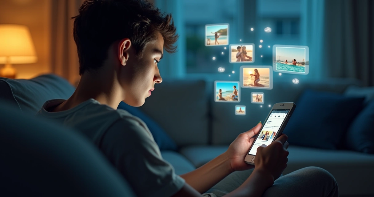 Person looking at phone with images of others' successes and feeling overwhelmed