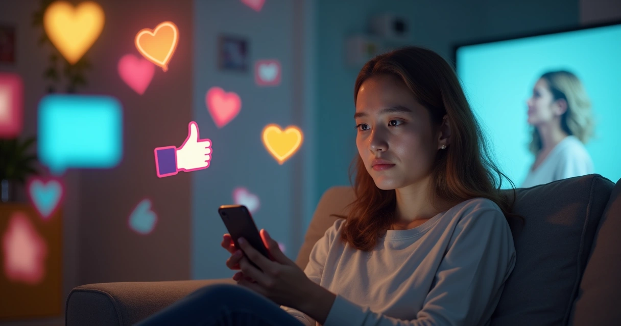 Young person using a smartphone while surrounded by social media icons floating around 