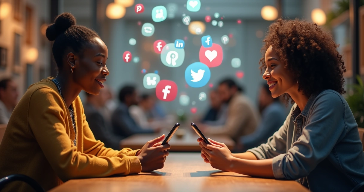 Two people sitting across from each other, having a thoughtful discussion with social media icons around them 