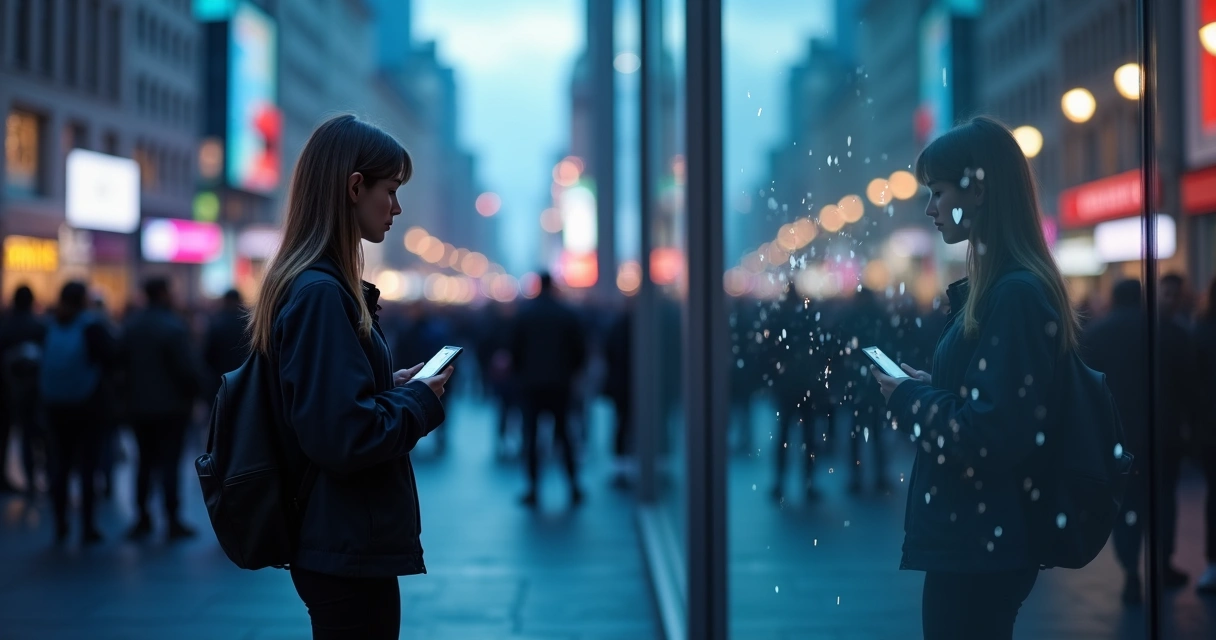 Person in a crowd of glowing phones facing a clear mirror wall 
