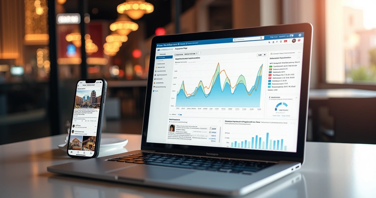 Social media dashboard with analytics charts on a laptop