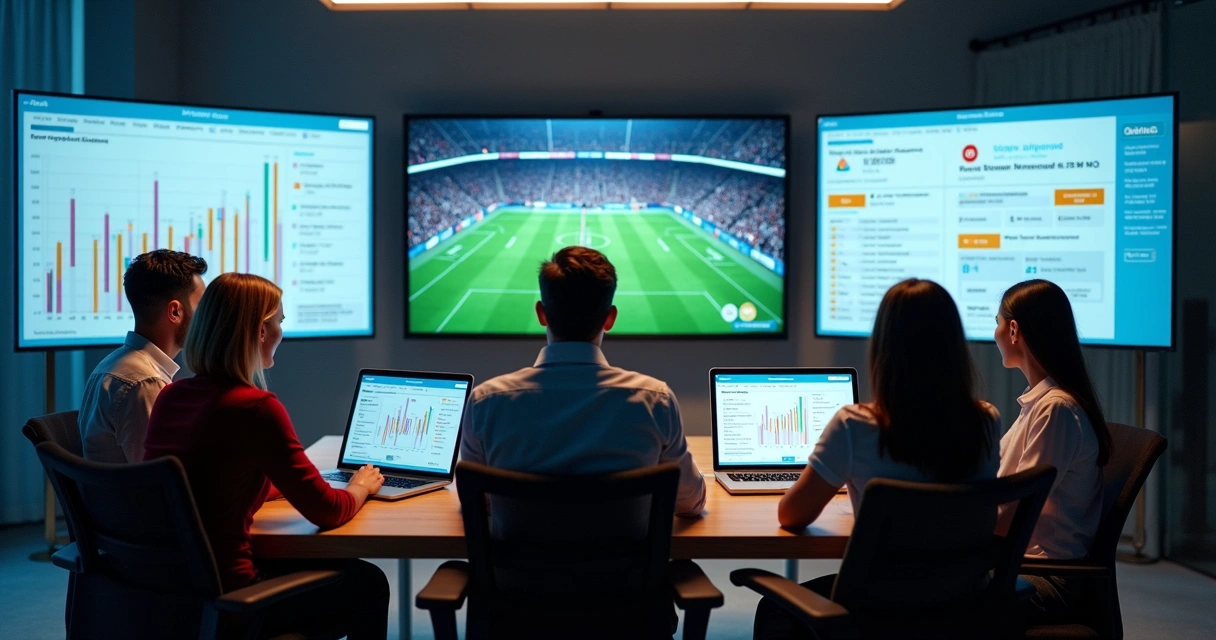 Equipe de marketing digital monitora redes sociais durante jogo da Copa. 