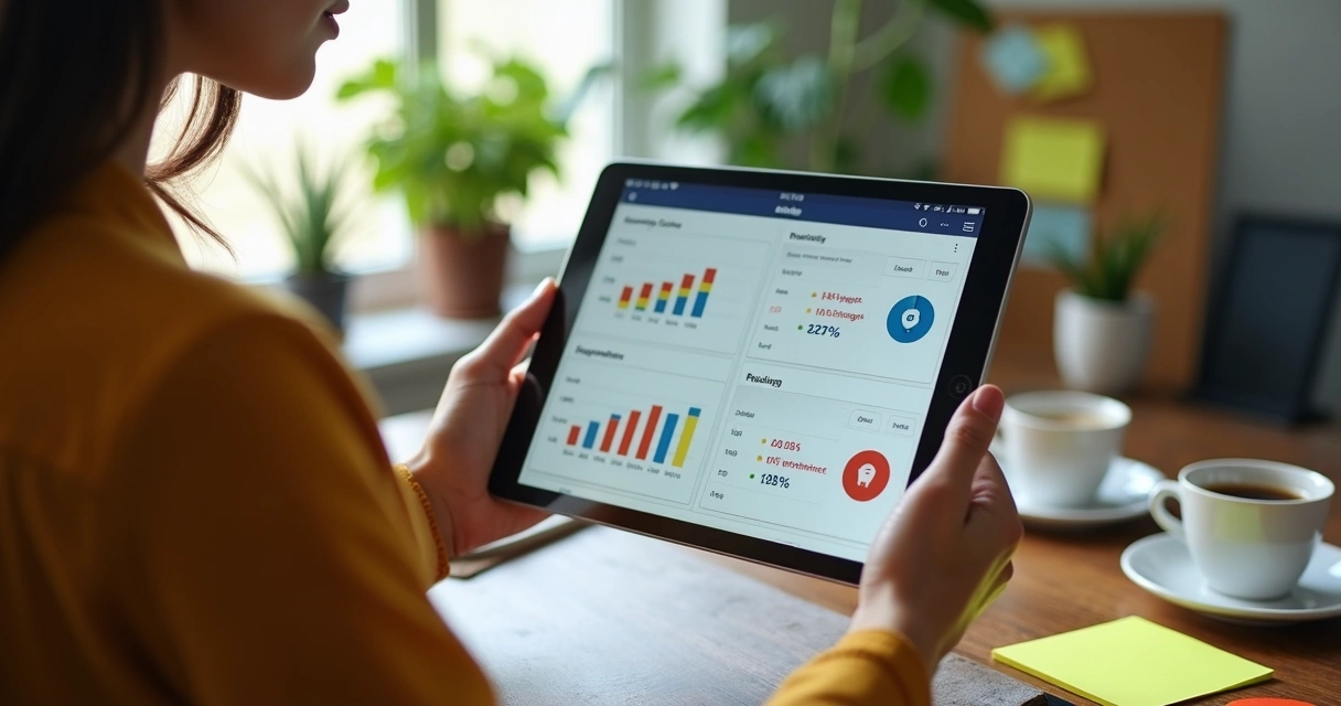 Mulher analisando métricas de redes sociais em tablet 