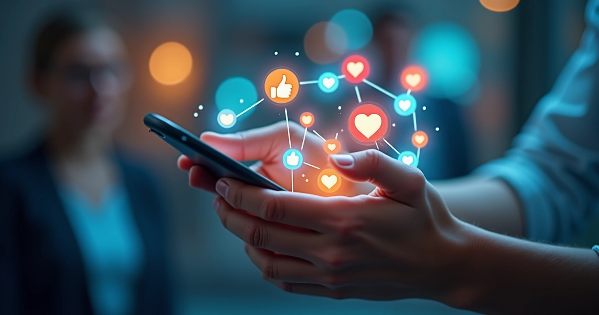 Smartphone in hand with floating social icons and numbers around it 