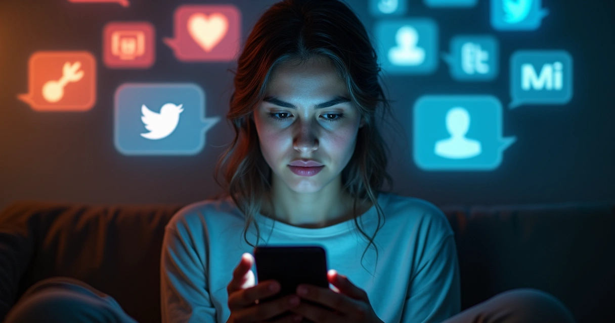 Person split between peaceful self and conflicted self while scrolling social media 