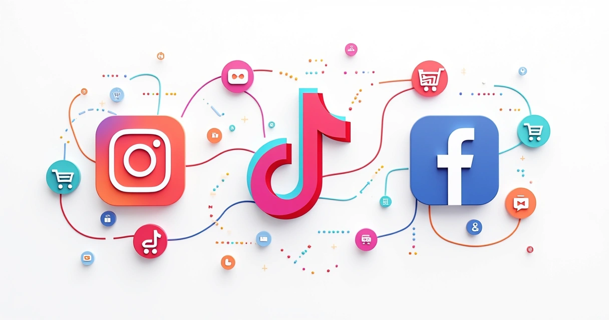 Ícones de redes sociais e marketplaces conectados entre si. 