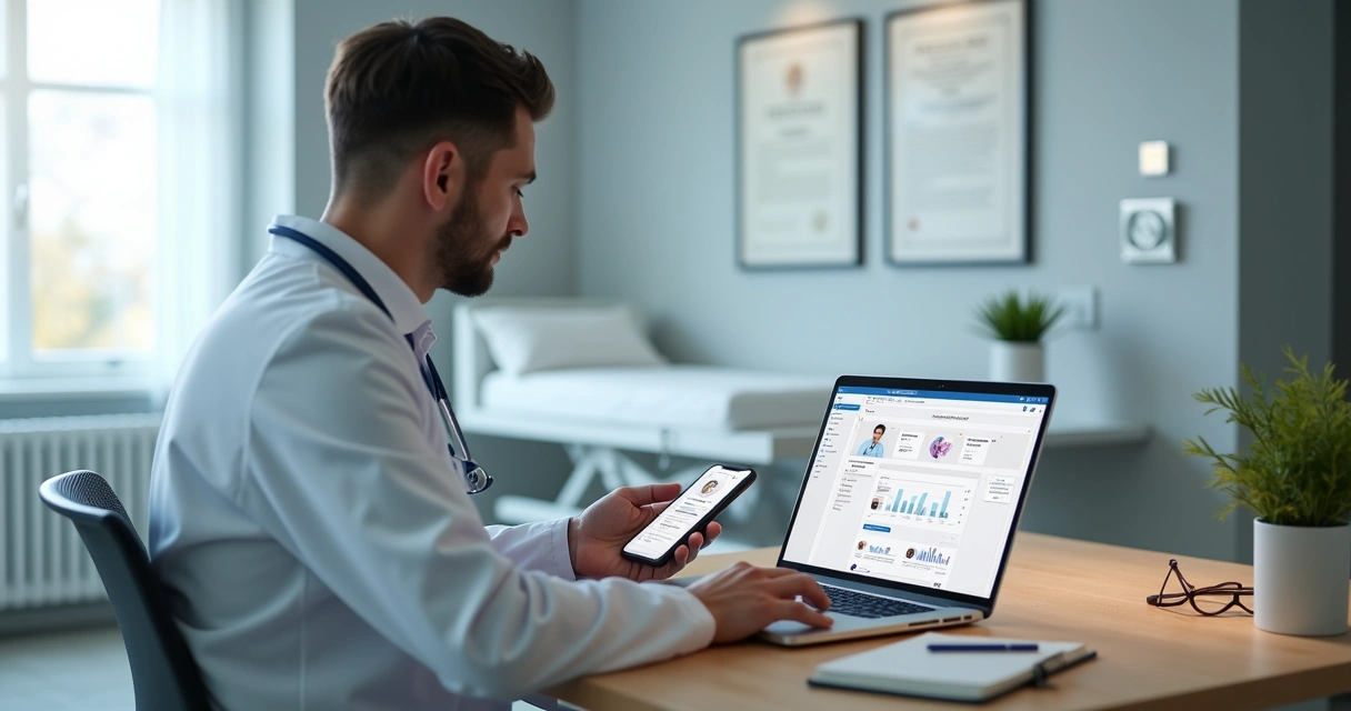 Médico em consultório analisando redes sociais no notebook e celular 