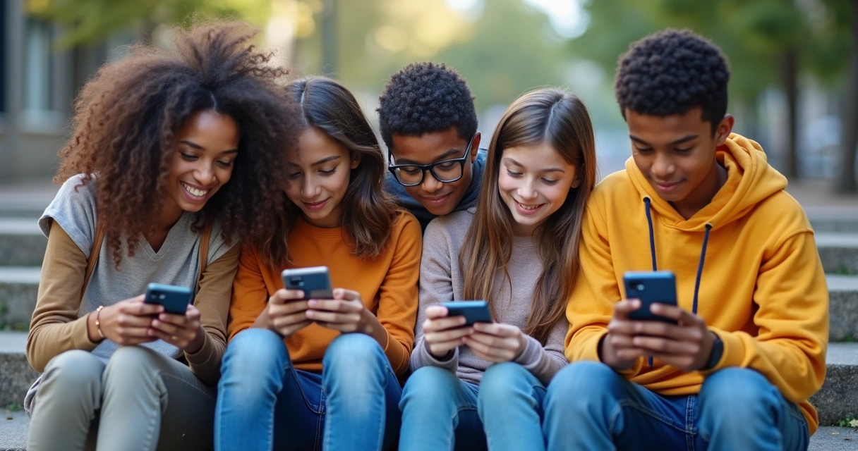 Teens in a group focused on their phones