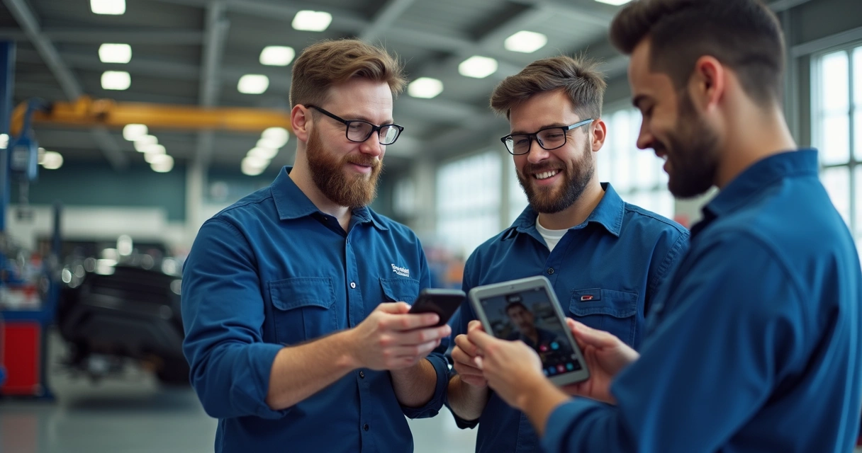 Equipe de oficina automotiva interagindo com seguidores em redes sociais 