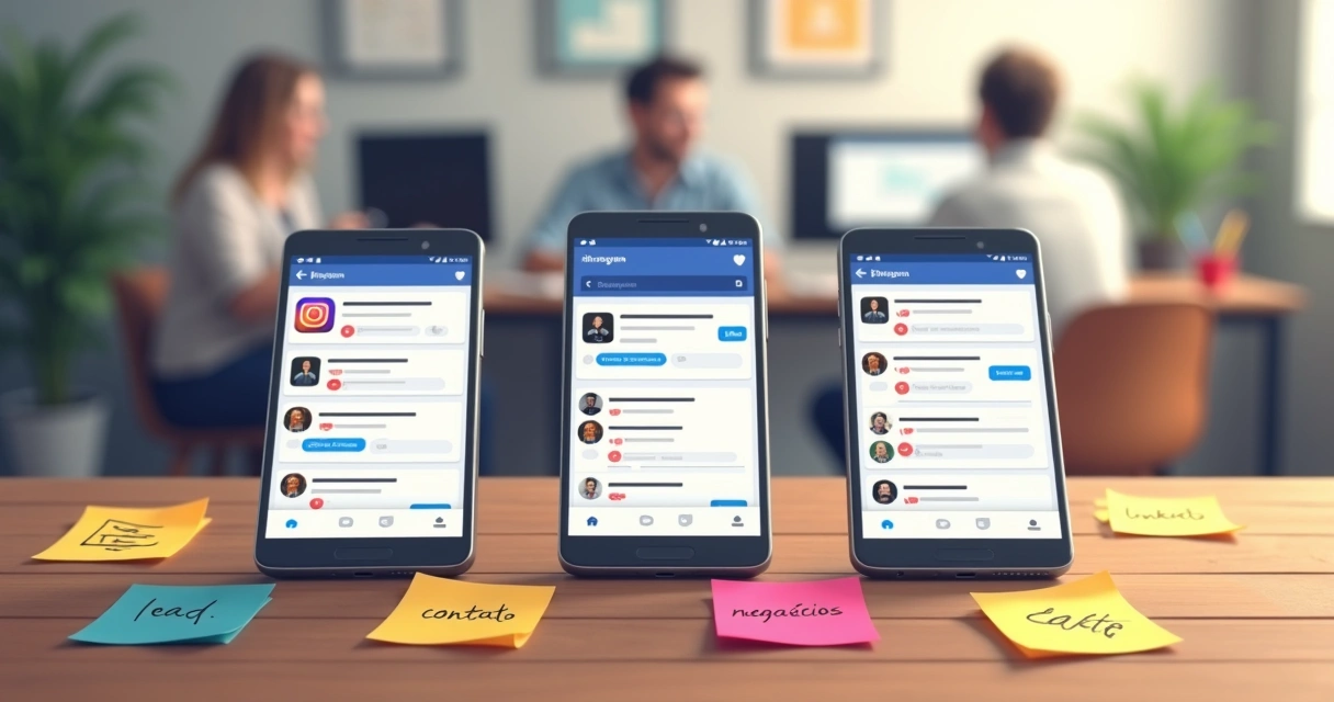 Celulares exibindo feed do Instagram, Facebook e LinkedIn lado a lado 
