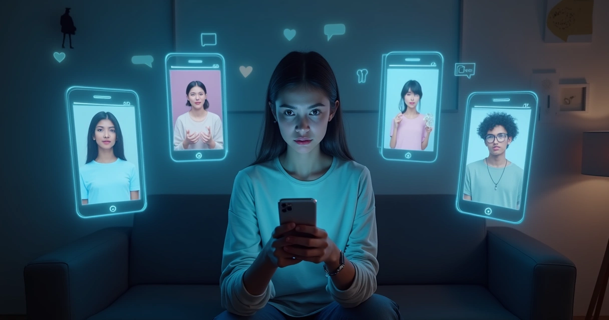 Person looking at multiple social media versions of themselves on floating screens 