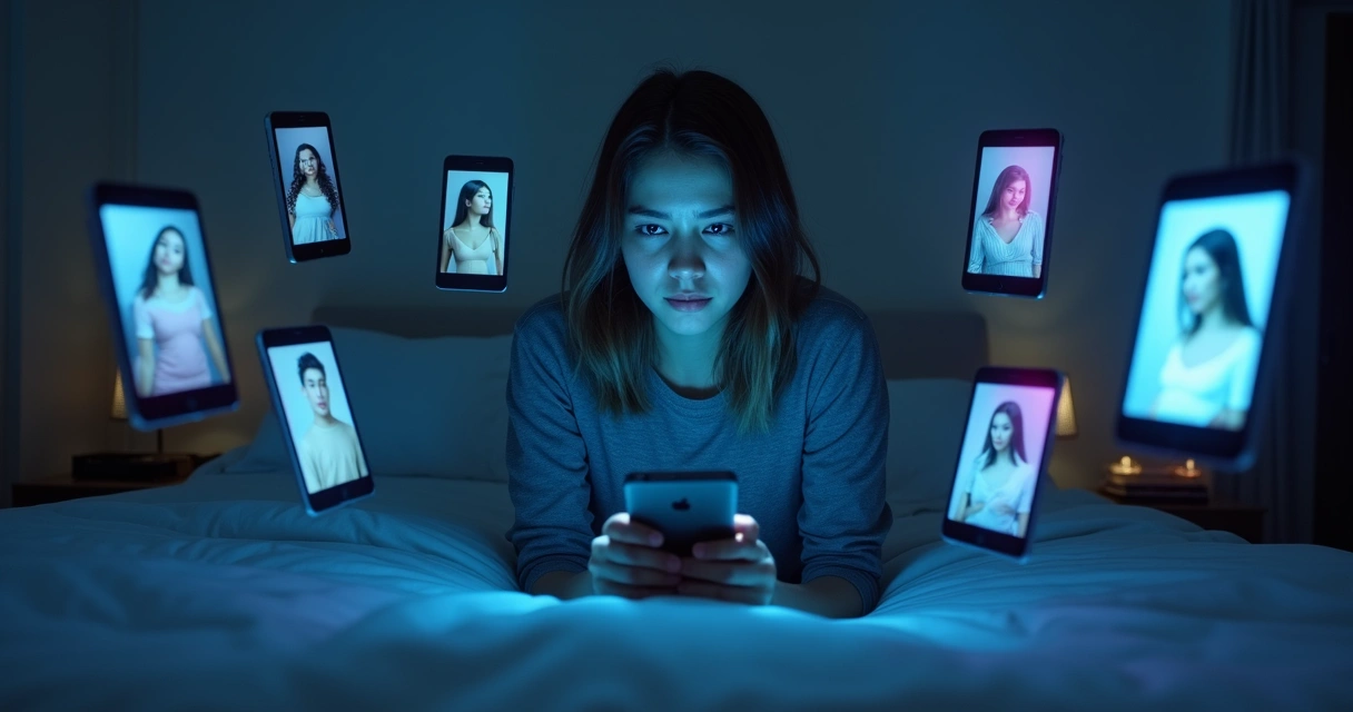 Young person surrounded by fragmented reflections from multiple phone screens 