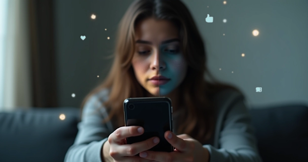 Person reflected in phone screen showing two contrasting emotional sides 