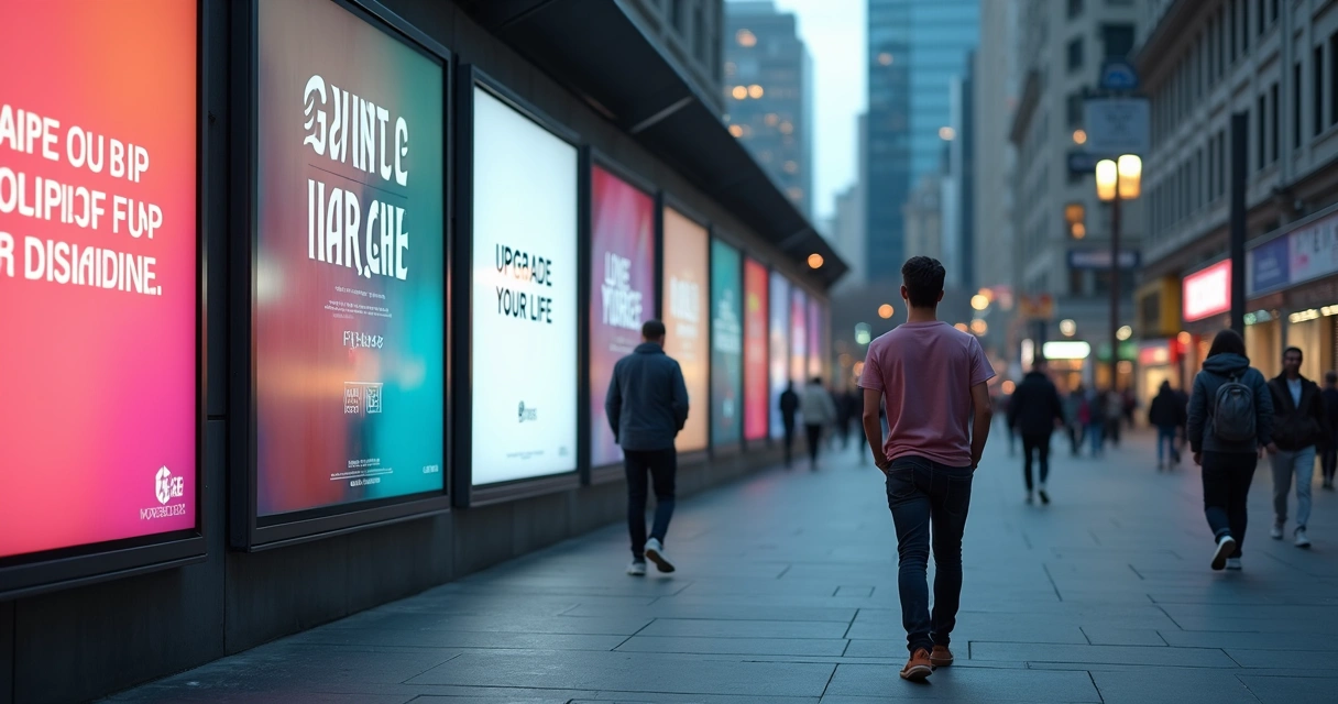 Person walking past billboards with conflicting messages about self-change 