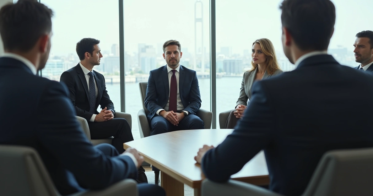 A group of people in formal clothes sitting in a circle with one person looking uncertain 