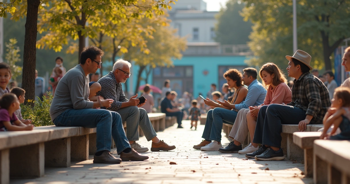Diverse group of people in a city public space, interacting and connecting 