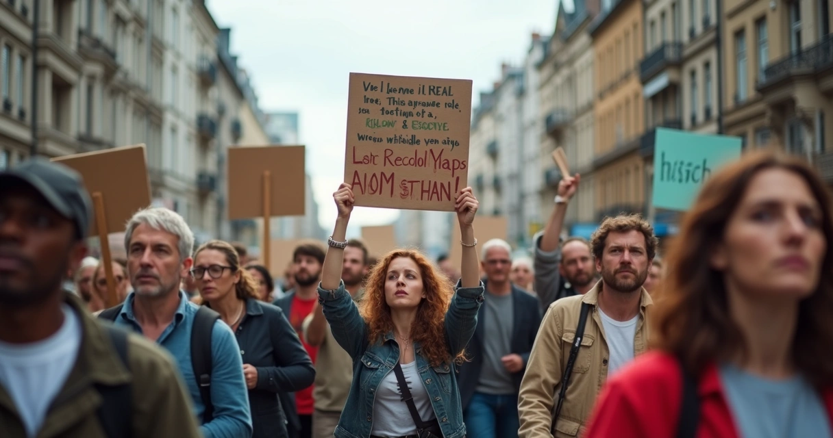Crowd protesting on city street with ethical banners 