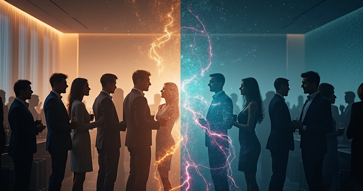 Crowd in formal event masks contrasted with transparent emotional silhouettes 