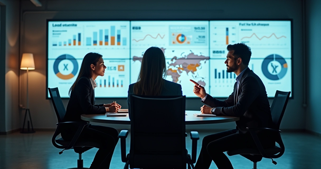 Profissionais discutindo social selling diante de painéis de redes sociais 