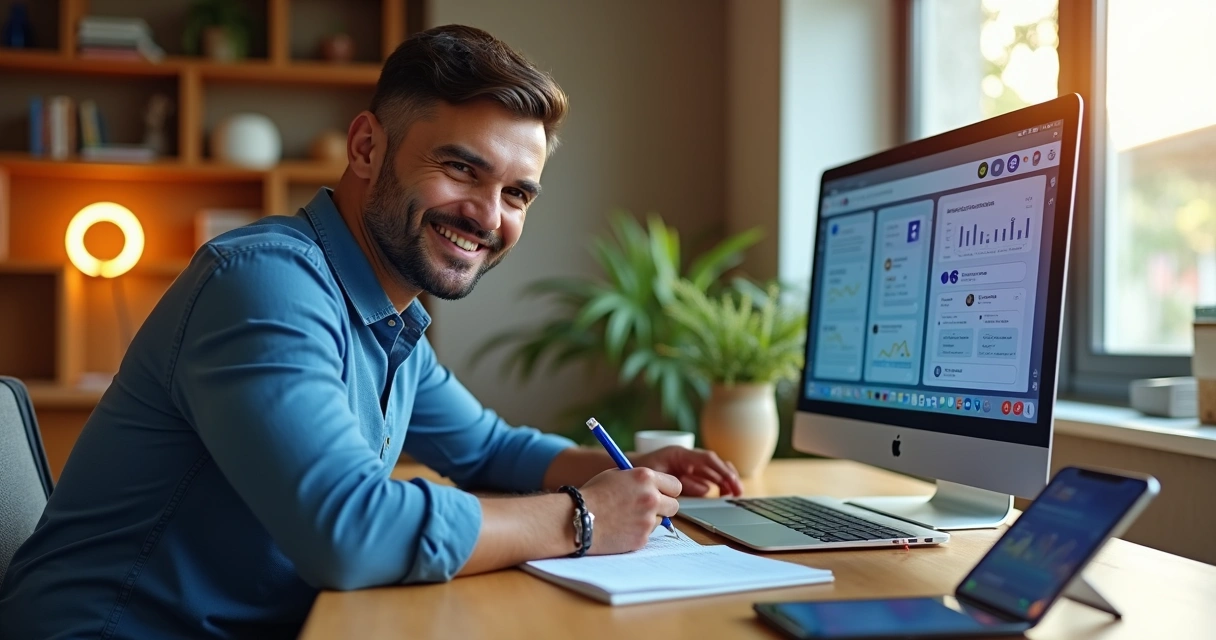 Empreendedor analisando redes sociais em notebook com gráficos de vendas 