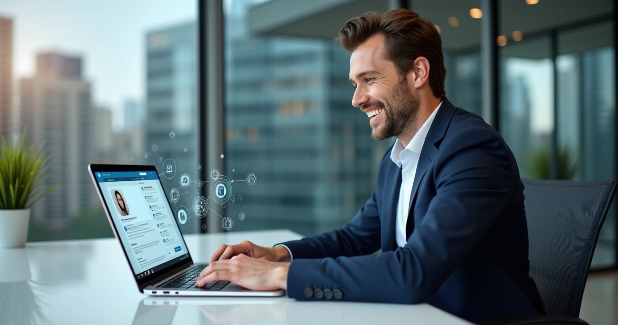 Profissional usando LinkedIn para conexão comercial
