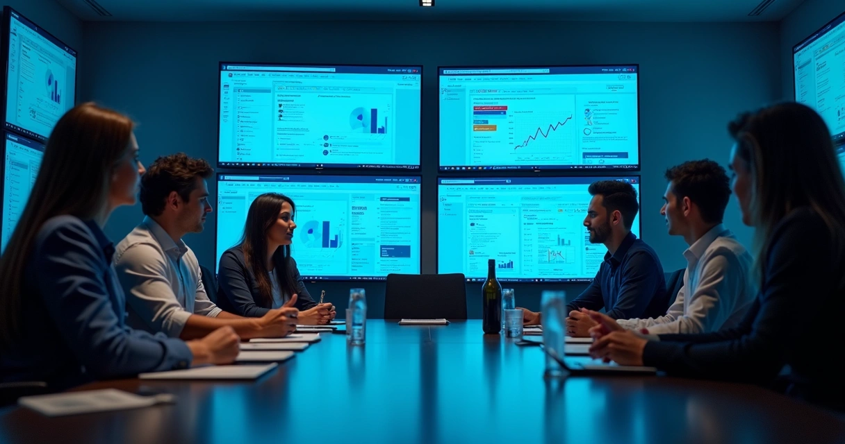 Equipe de vendas reunida analisando dashboards de Social Selling no LinkedIn 